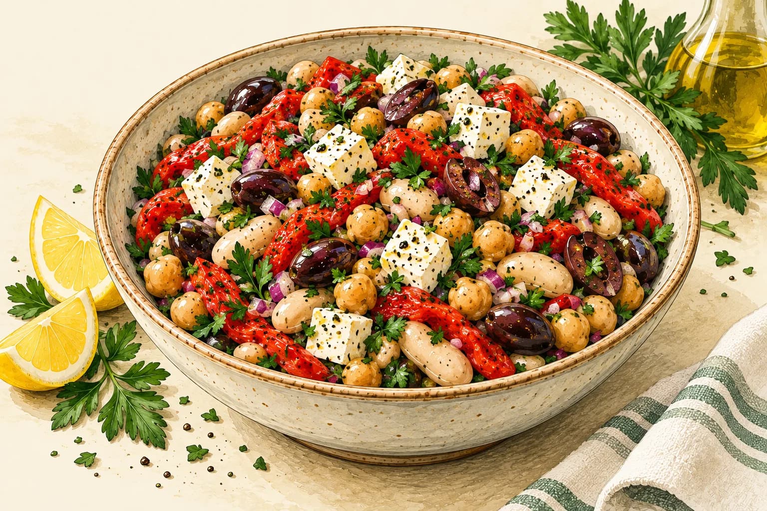 Illustrated bowl of Mediterranean dense bean salad with chickpeas, cannellini beans, roasted red pepper strips, halved Kalamata olives, and cubed feta, garnished with parsley and lemon wedges.