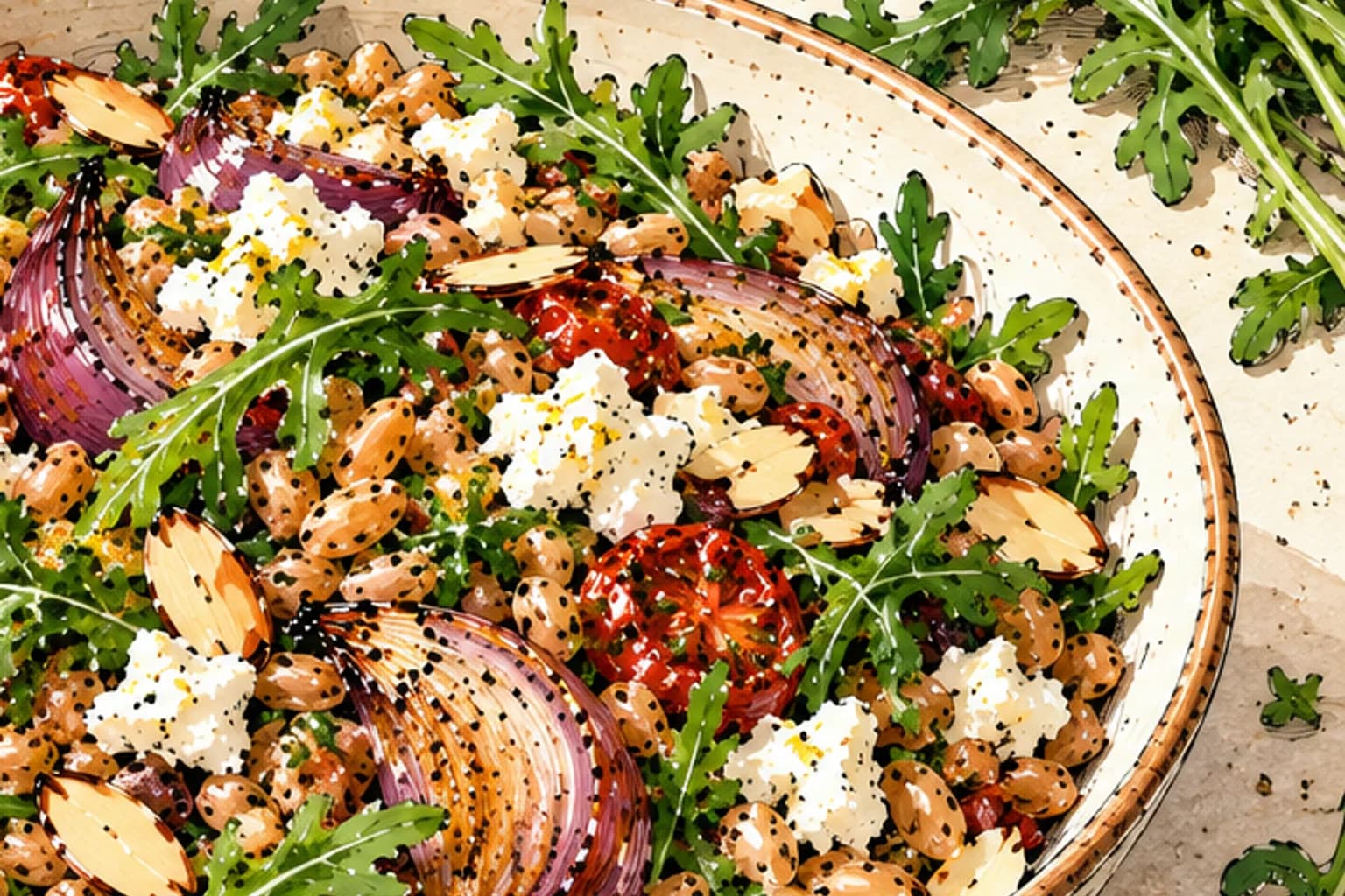 Illustrated bowl of Mediterranean farro salad with roasted red onion wedges, arugula, crumbled feta, toasted almonds, and roasted tomatoes.